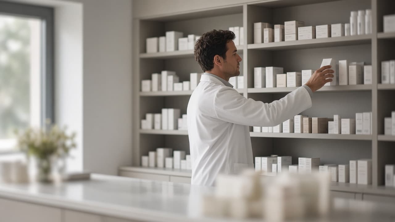 A pharmacist working in a modern pharmacy