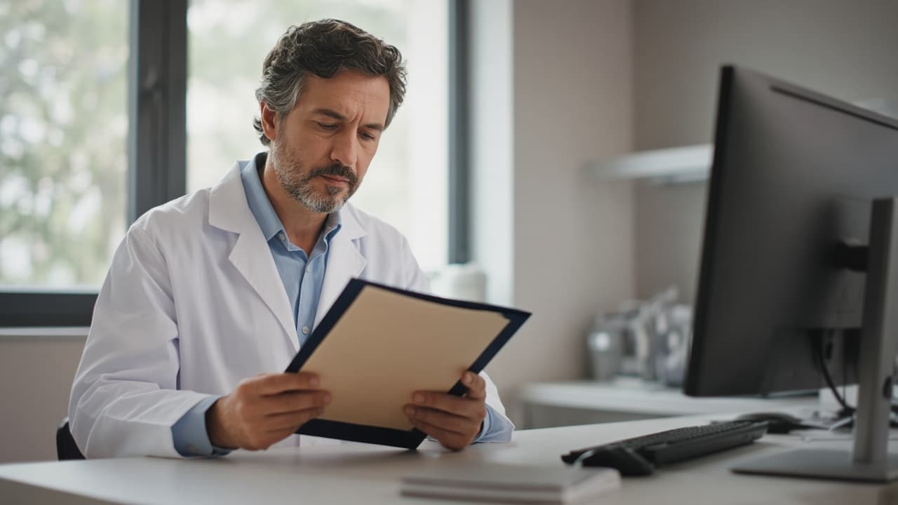 A clinician reviewing a patient chart at a workstation