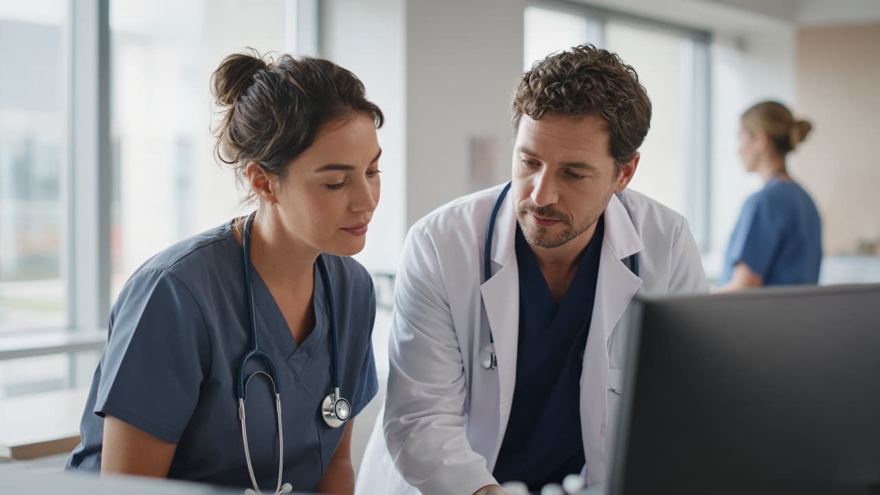 A care team at a hospital workstation